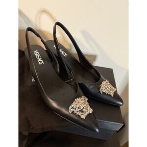 versace silver medusa sling back kitten heel